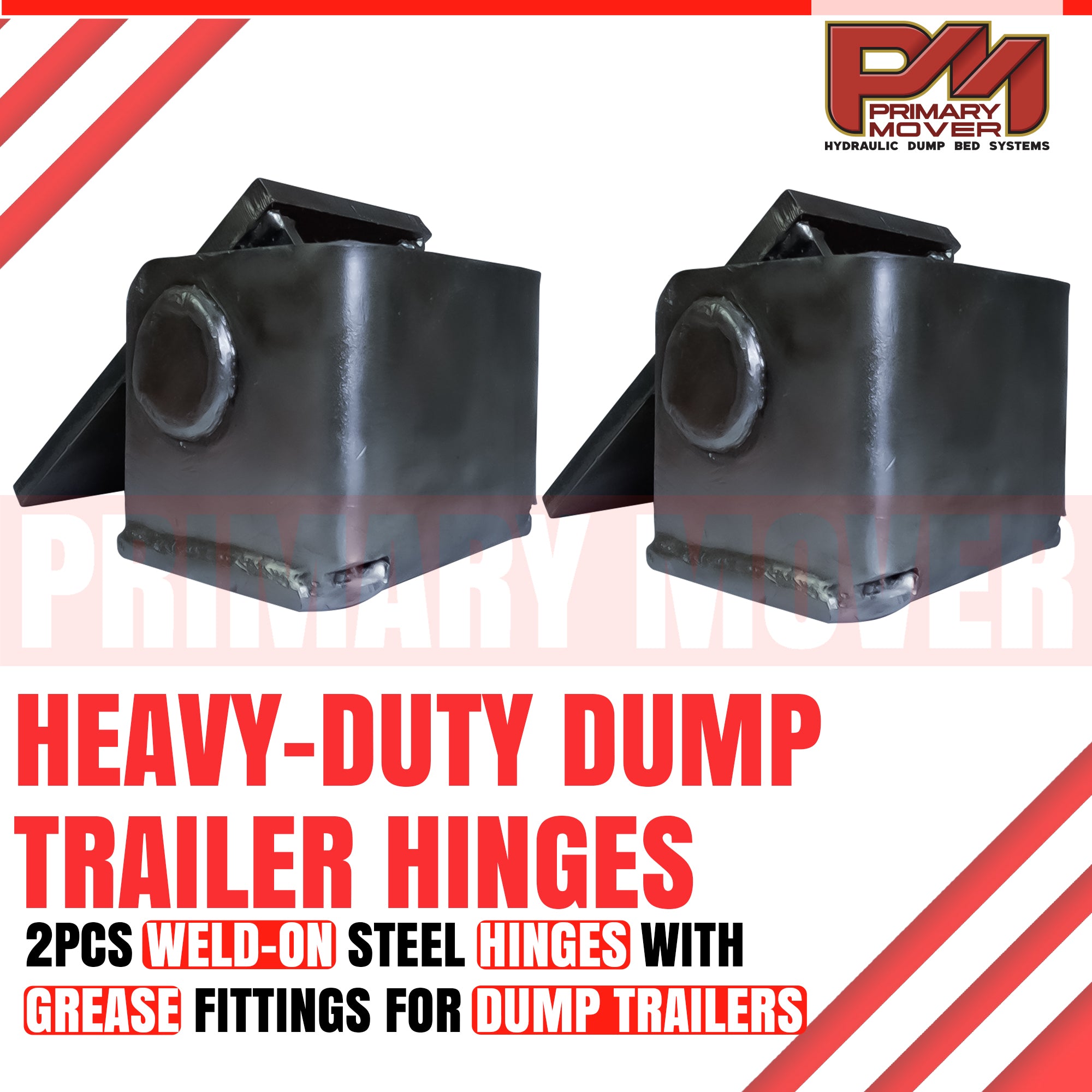 Heavy-duty black metal trailer hinges, ready for welding, designed for hydraulic dump beds and extreme lifting applications.