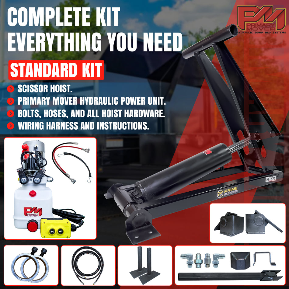 12 Ton Hydraulic Scissor Hoist Kit PF-621-6, featuring a black hydraulic cylinder, hydraulic hose, and mounting brackets, designed for 16-20' dump trailers.