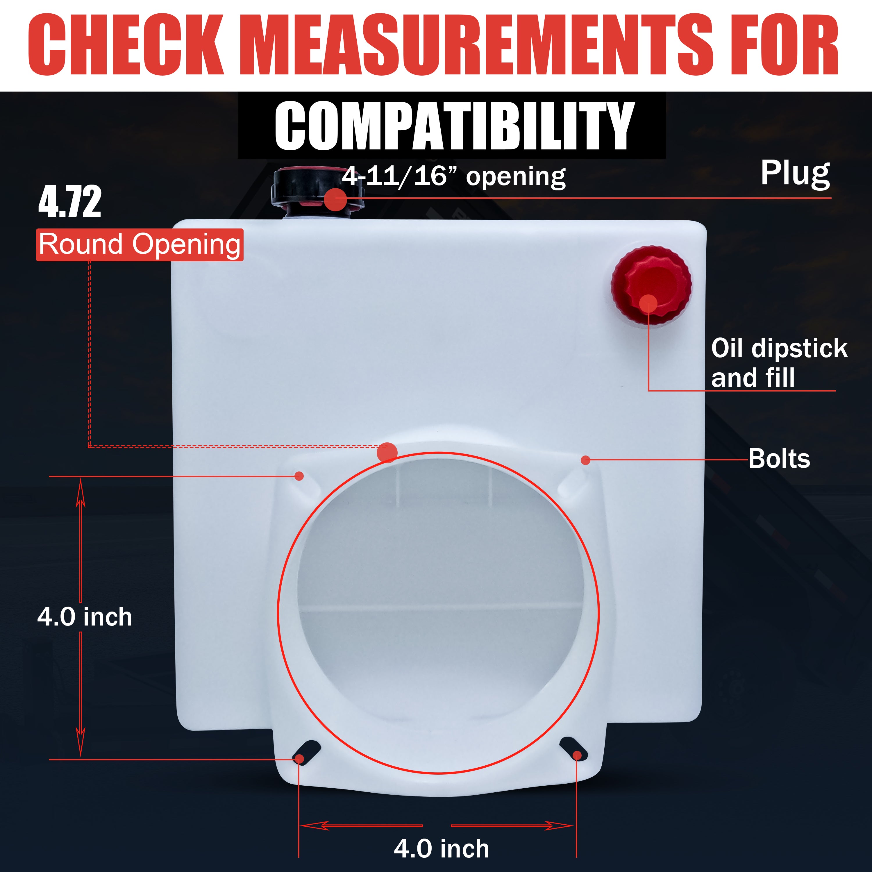 12Vdc Hydraulic Power Unit Replacement Reservoir 13 Quart Poly (Square) with red knobs, compact design, suitable for hydraulic systems requiring durable and efficient fluid storage.