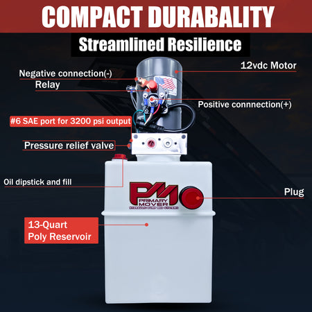 KTI 12V Single-Acting Hydraulic Pump with Poly Reservoir, featuring red buttons and text, optimized for hydraulic dump bed systems with single-acting functionality for efficient lifting and lowering.