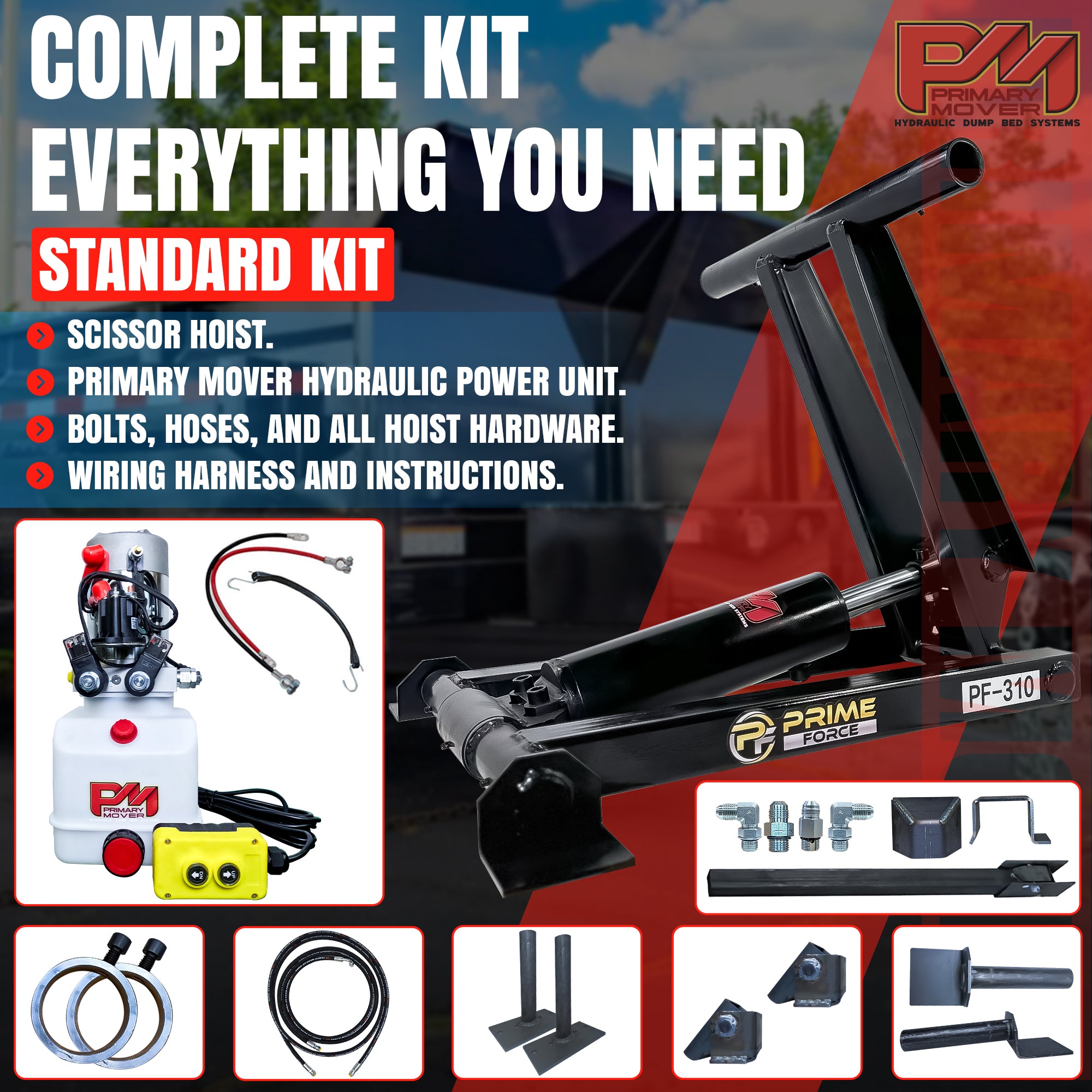 3 Ton Hydraulic Scissor Hoist Kit PF-310 poster featuring the hoist's components, including black machine parts, wires, and metal rings, highlighting its robust design and functionality.