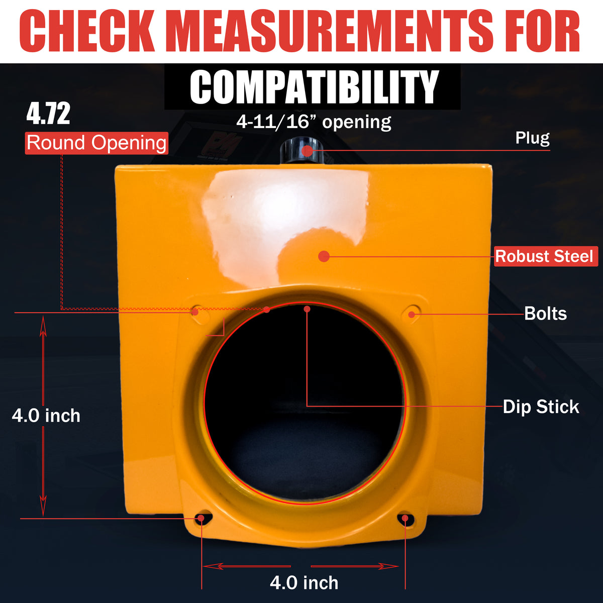 Hydraulic Power Unit Replacement Reservoir 24 Quart Steel: A yellow steel box with a 4-11/16 round opening, plug and breather caps included, designed for various hydraulic systems.