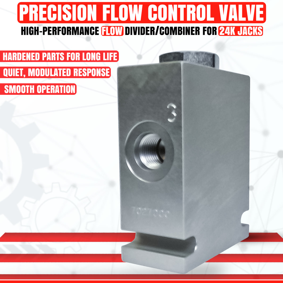 Hydraulic Pump Flow Divider: Close-up of a metal block with a nut, used for synchronizing dual-acting hydraulic cylinders, ensuring balanced and smooth operation.