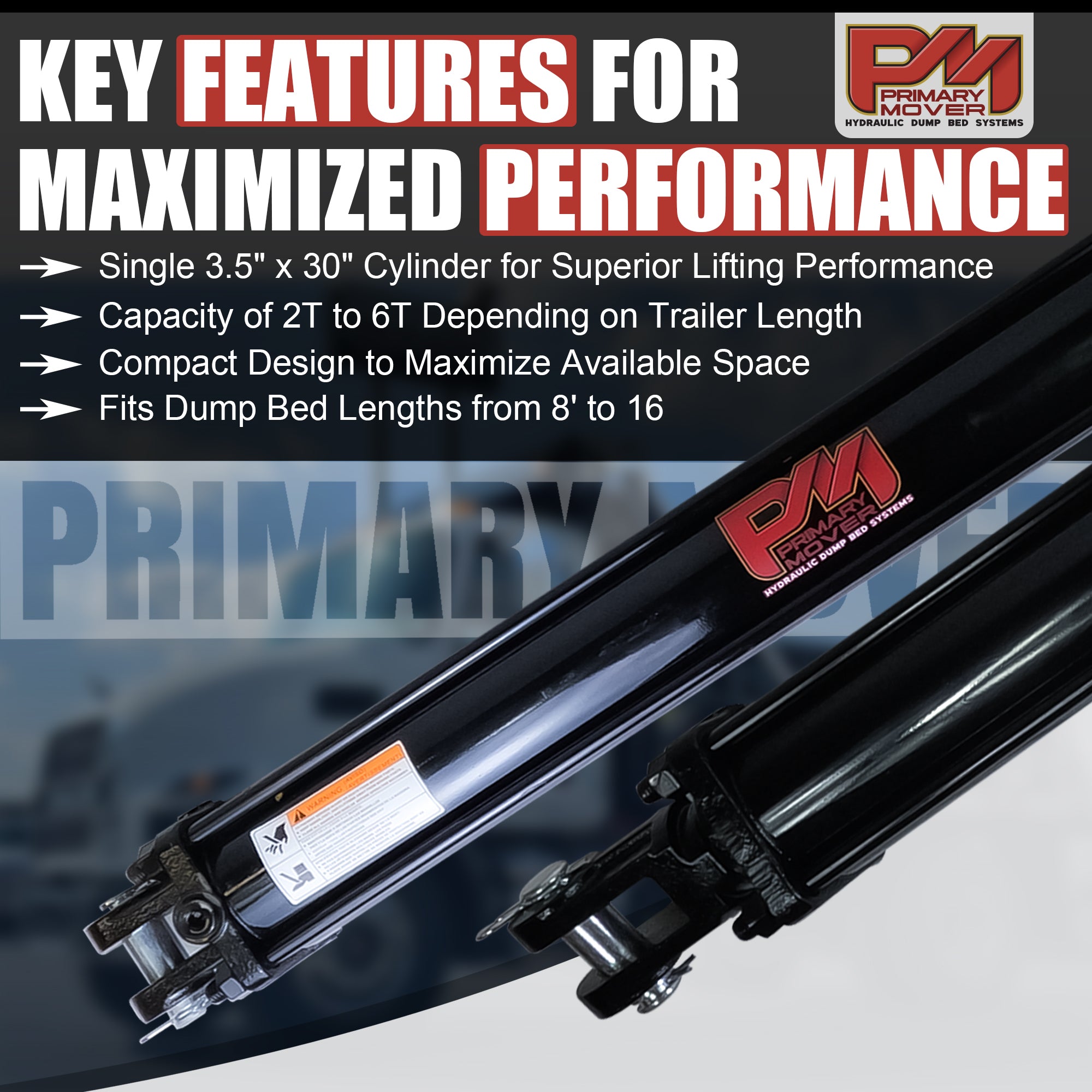 Dual 3.5 x 30 Cylinders Direct Push Lift Kit | PFK-3530-2DP, featuring dual black cylinders with white text, designed for superior lifting performance in trailer dump beds.