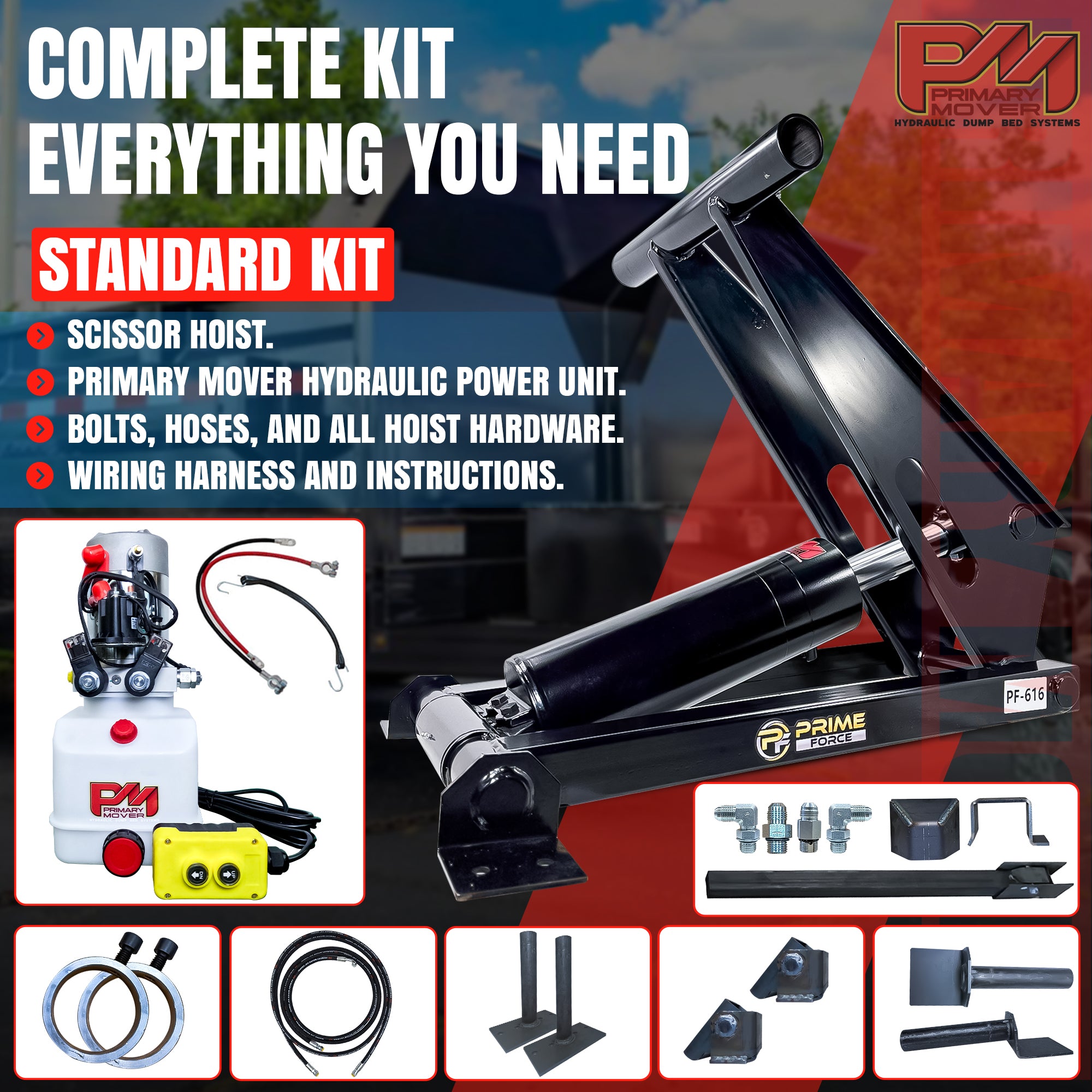 11 Ton Hydraulic Scissor Hoist Kit PF-616-6 with a robust 6.5 cylinder, HD Hinges, and integrated mounts, suitable for 12-16' dump trailers.