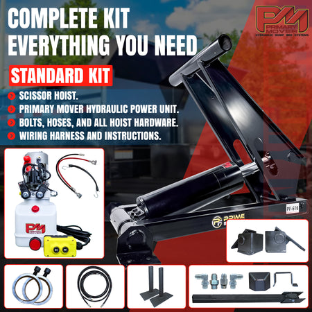 11 Ton Hydraulic Scissor Hoist Kit PF-616-6 for 12-16' dump bodies, features a robust black cylinder, integrated components, and visible safety labels.