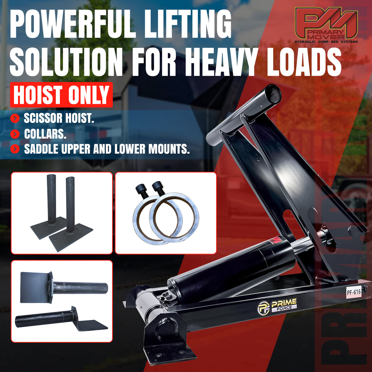 11 Ton Hydraulic Scissor Hoist Kit PF-616-6 with a robust black cylinder and metal lifter, designed for 12-16' dump trailers.