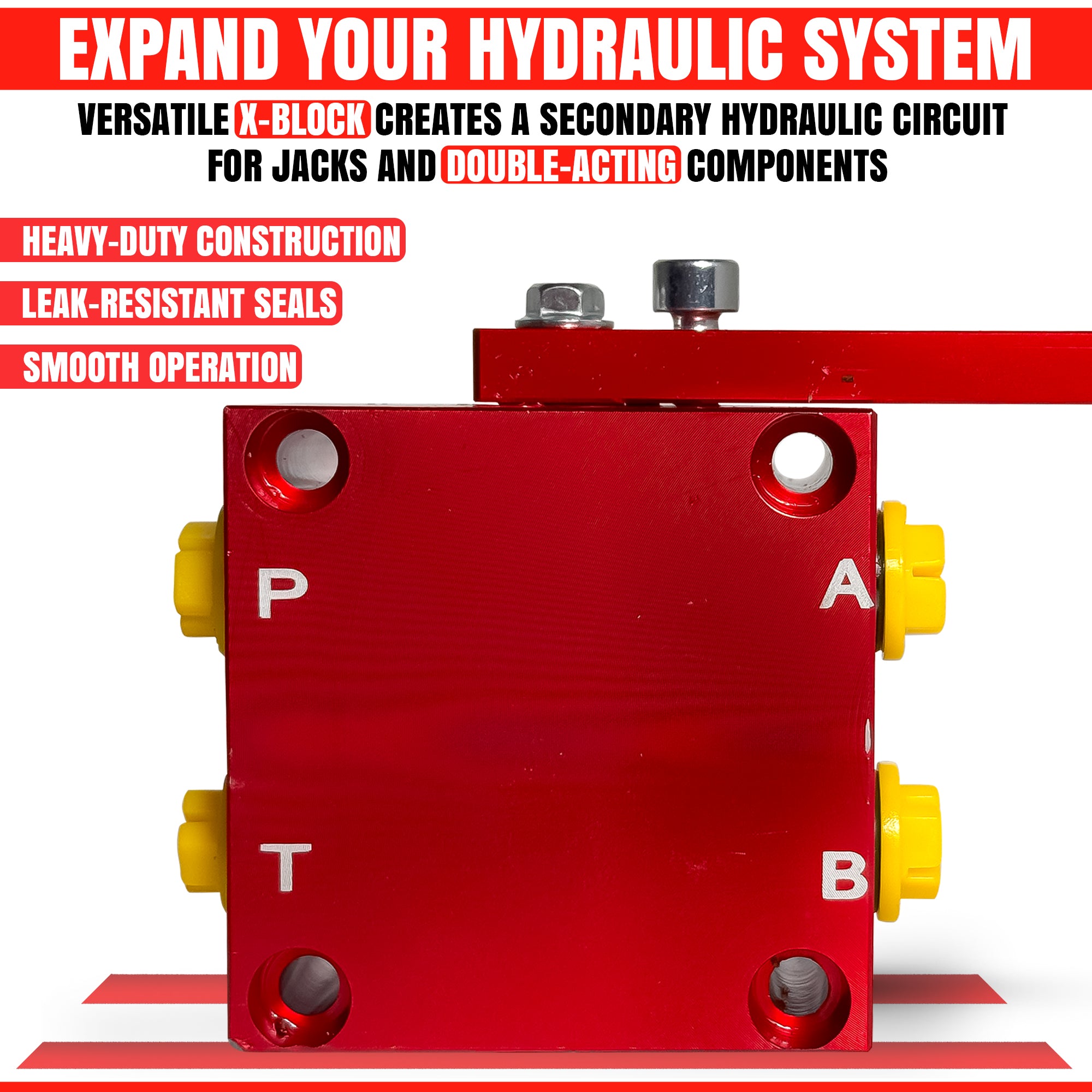 X-Block Hydraulic Adapter for Single-Acting Pumps, compact design, featuring patent-pending technology for dual-circuit conversion, enhances hydraulic systems' versatility and efficiency.