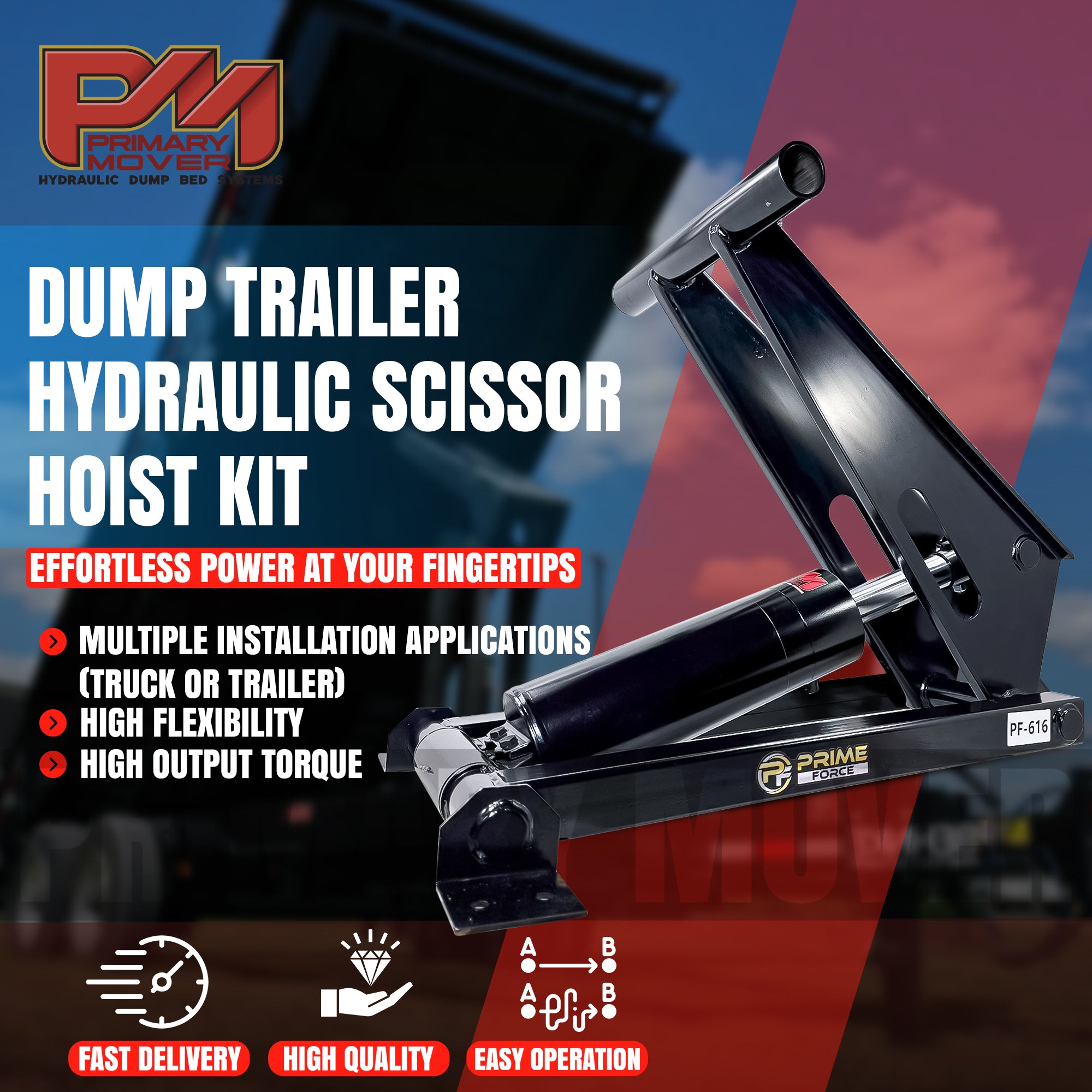 11 Ton Hydraulic Scissor Hoist Kit PF-616-6, featuring robust cylinder and HD hinges for 12-16' dump trailers, set against a red and blue backdrop.