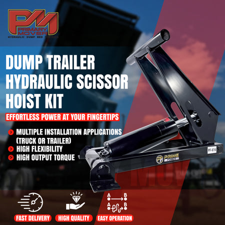 11 Ton Hydraulic Scissor Hoist Kit PF-616-6, featuring robust cylinder and HD hinges for 12-16' dump trailers, set against a red and blue backdrop.