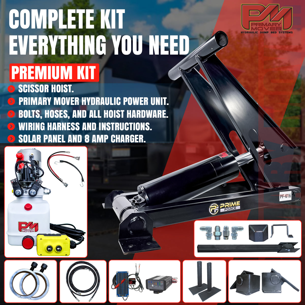 11 Ton Hydraulic Scissor Hoist Kit PF-616-6, featuring a robust cylinder and integrated mounts, designed for 12-16' dump trailers, depicted in an informative poster.