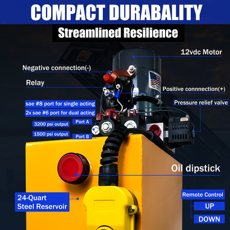 KTI 12Vdc Single/Double Hydraulic Power Unit displayed with black and silver components and a red button, showcasing its dual-functionality for hydraulic applications.