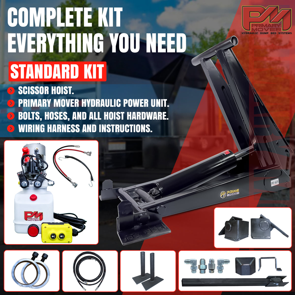 12 Ton HD Hydraulic Scissor Hoist Kit PF-625, featuring black hydraulic lift, white machine with red buttons, and connectors, ideal for 16-20' dump trailers.