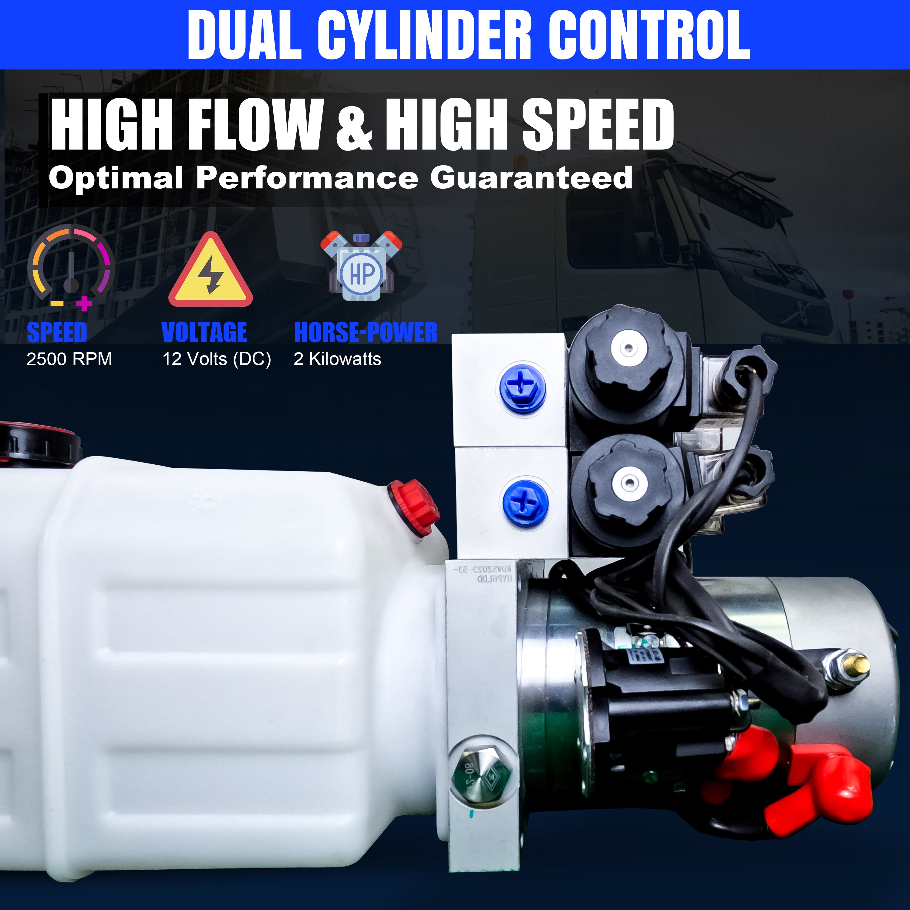 Primary Mover 12V Dual Double-Acting Hydraulic Dump Trailer Pump (Poly) featuring a compact white cylinder with user-friendly red and blue controls for versatile hydraulic operations.