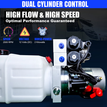 Primary Mover 12V Dual Double-Acting Hydraulic Dump Trailer Pump (Poly) featuring a compact white cylinder with user-friendly red and blue controls for versatile hydraulic operations.