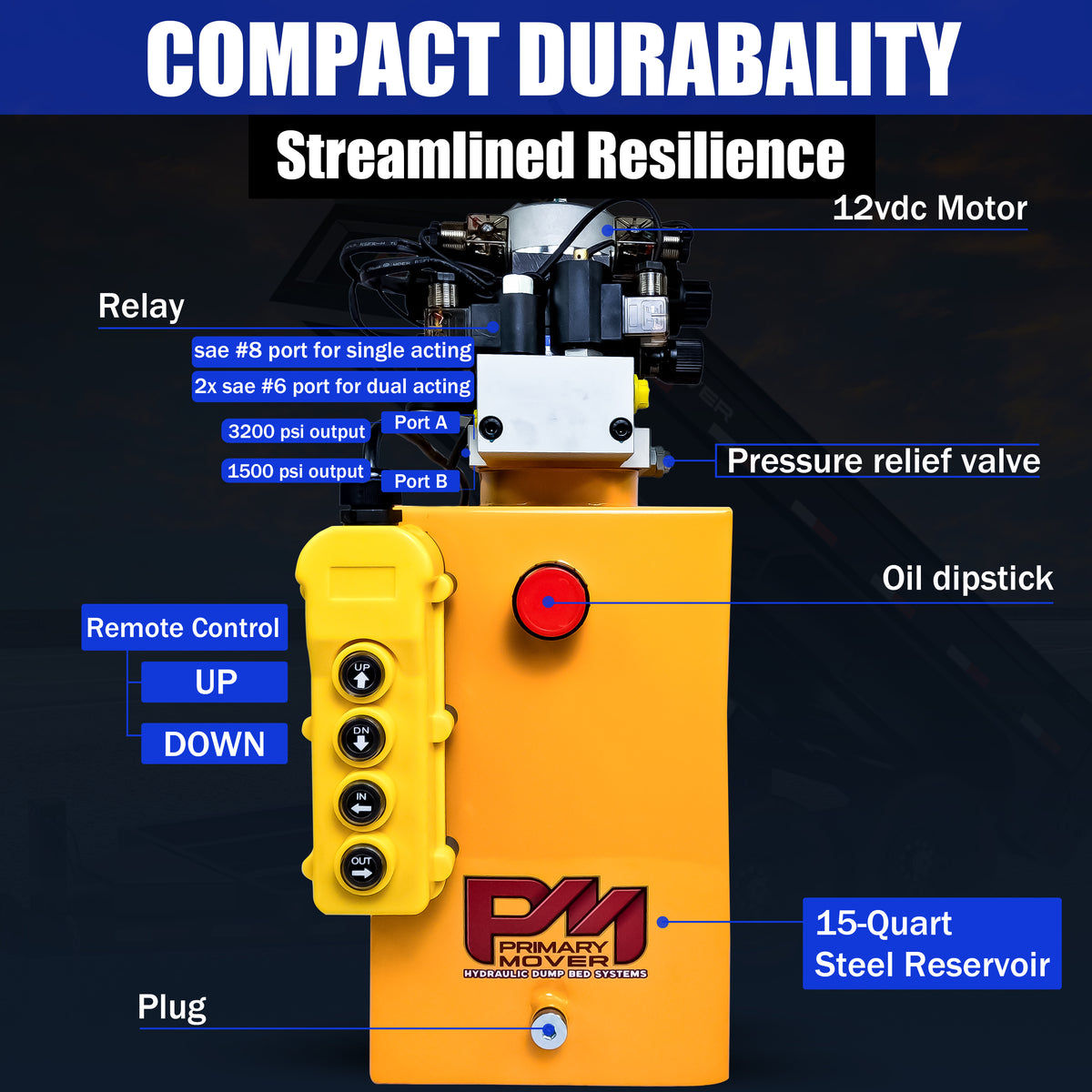 Primary Mover 12Vdc Single Double Pump showcasing its versatile buttons, robust construction, and blue text, ideal for hydraulic applications.