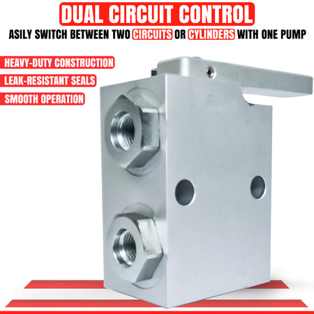 Hydraulic Manual Selector Ball Valve with metal construction, visible ports, and nuts for converting single-circuit hydraulic pumps to dual-circuit functionality.