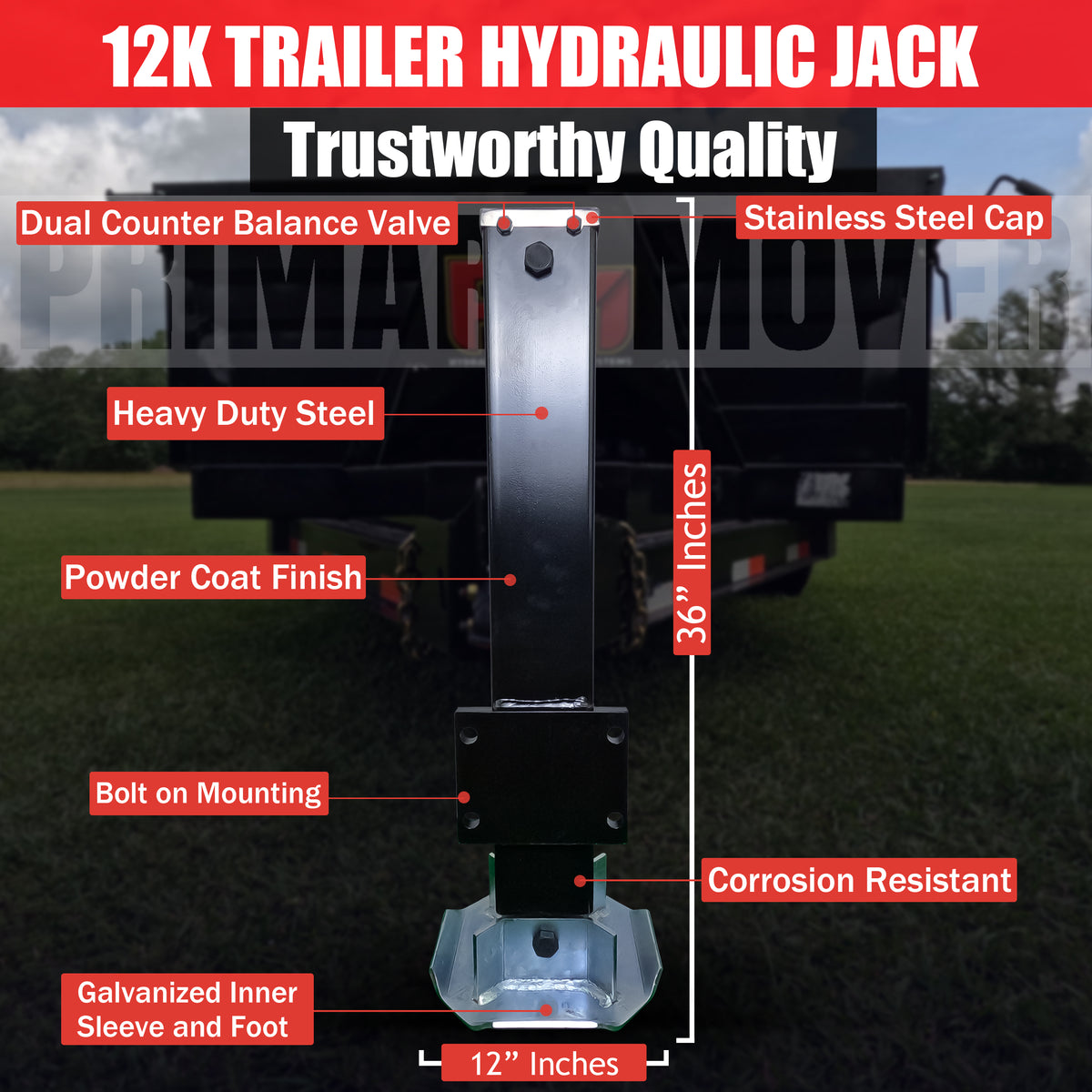 12k Hydraulic Trailer Jack Weld On or Bolt On with a powerful hydraulic system, red signs with white text, and a robust 12,000-pound lifting capability for reliable towing.