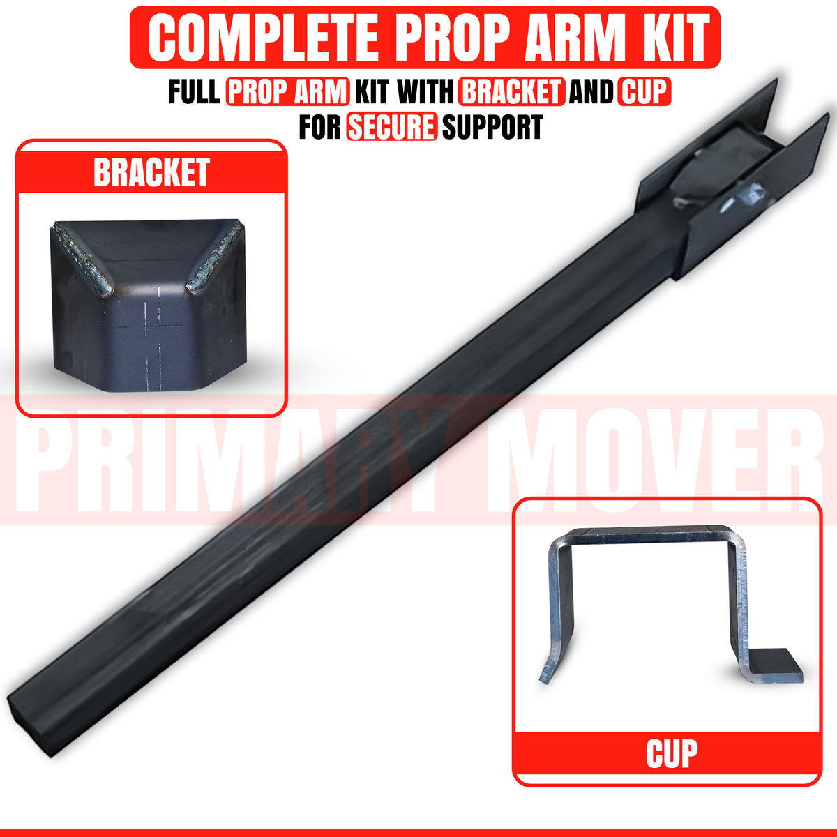 Safety Prop Arm Kit for Dump Bed System, featuring a robust metal arm, arm holder, and cut piece for secure welding and enhanced maintenance safety.