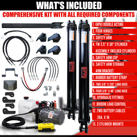 Dual 3.5 x 30 Cylinders Direct Push Lift Kit, featuring dual cylinders, hydraulic components, and installation parts for enhanced trailer lifting capacity.