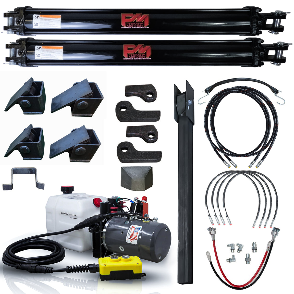 Dual 3.5 x 30 Cylinders Direct Push Lift Kit PFK-3530-DP2 featuring cables, connectors, hydraulic parts, and installation components for superior trailer lifting.