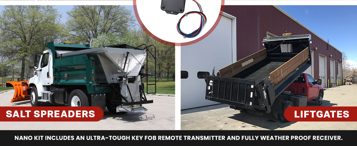 Kar-Tech Wireless Remote System on a green and white truck, showcasing its usage for controlling hydraulic pumps remotely up to 300 feet.