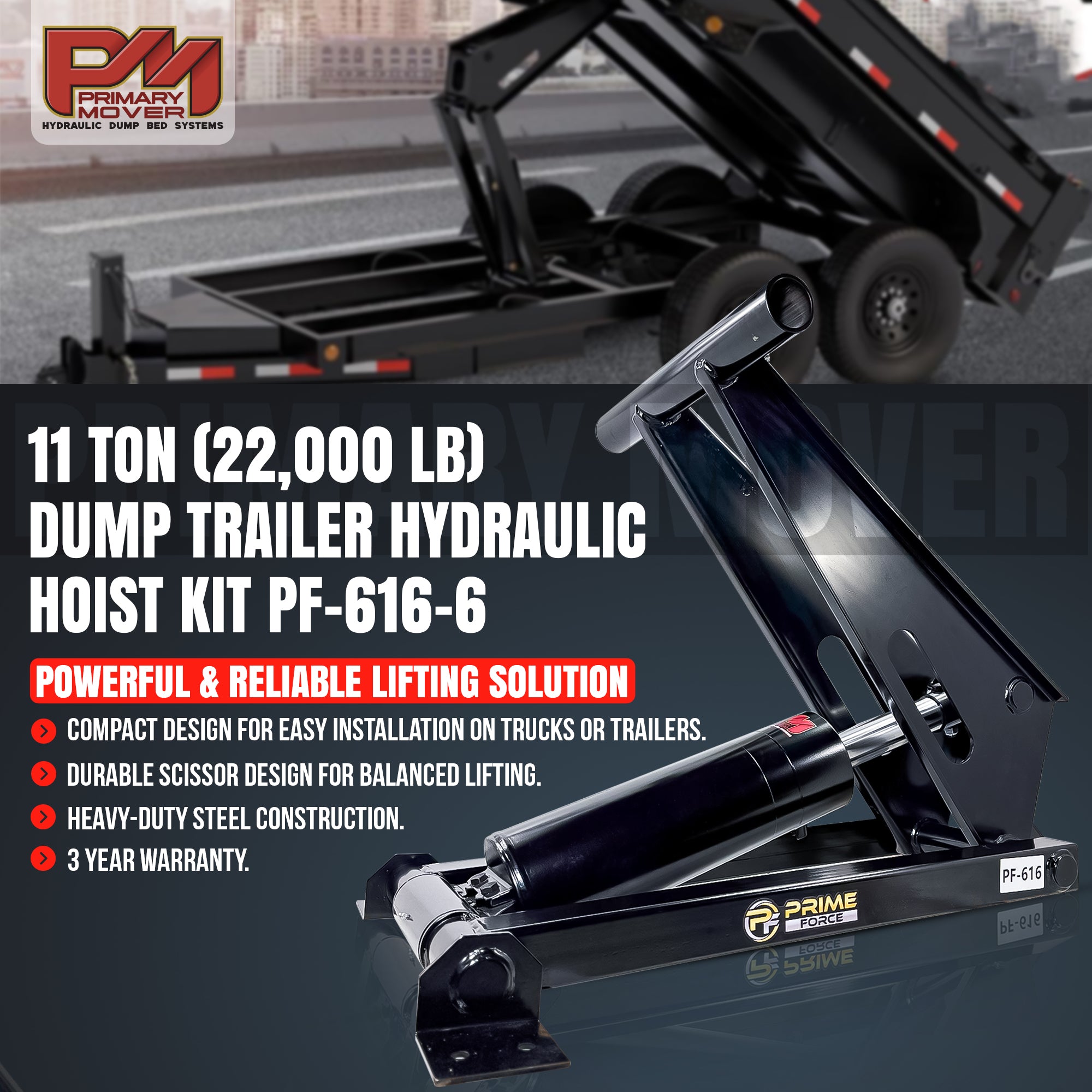 11 Ton Hydraulic Scissor Hoist Kit PF-616-6 attached to a trailer, showcasing its robust hydraulic lift and integrated stability features for 12-16' dump trailers.