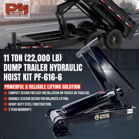 11 Ton Hydraulic Scissor Hoist Kit PF-616-6 attached to a trailer, showcasing its robust hydraulic lift and integrated stability features for 12-16' dump trailers.