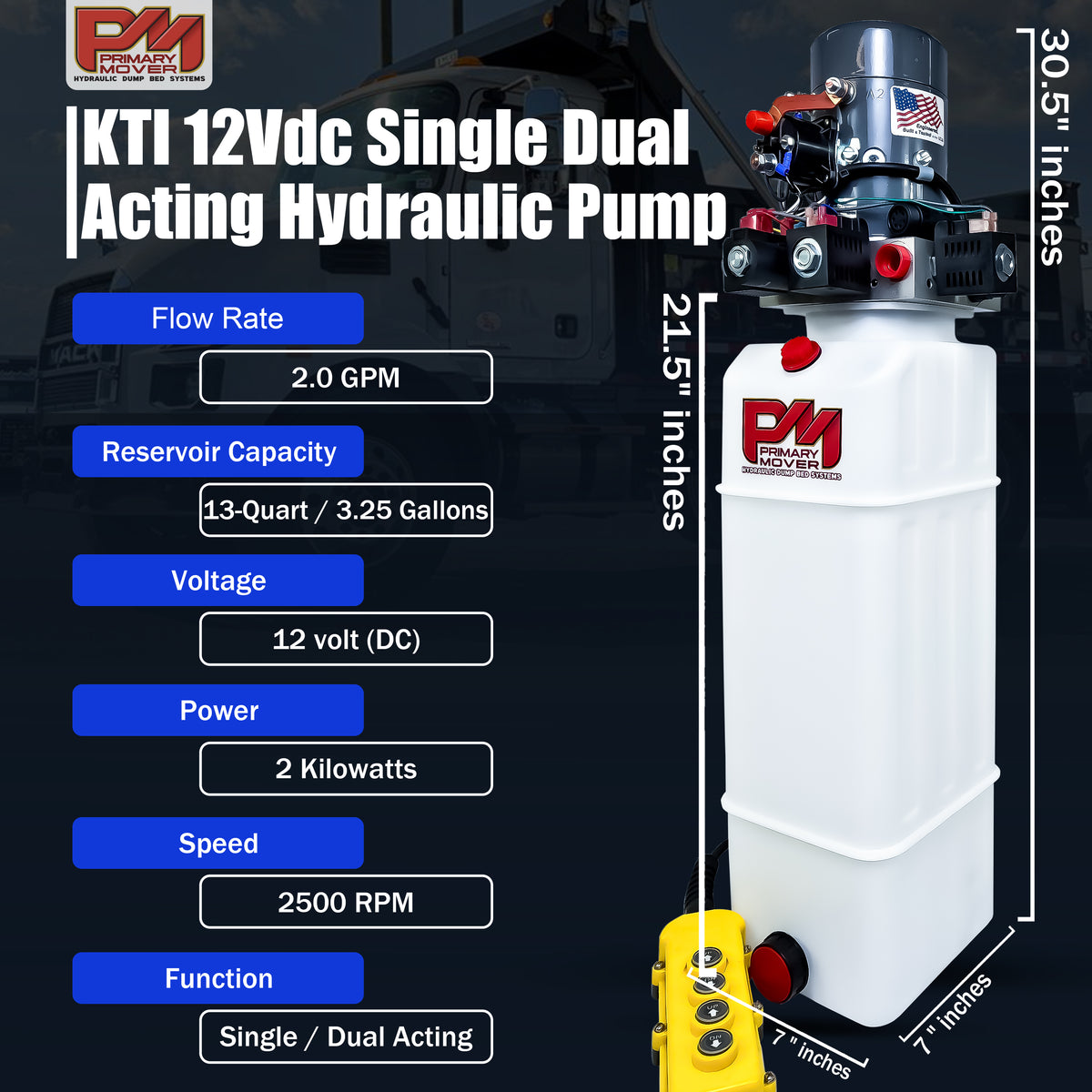 KTI 12Vdc Single Double Hydraulic Power Unit with white container, black and red valve, and yellow control panel. Ideal for dump trailers and hydraulic applications.