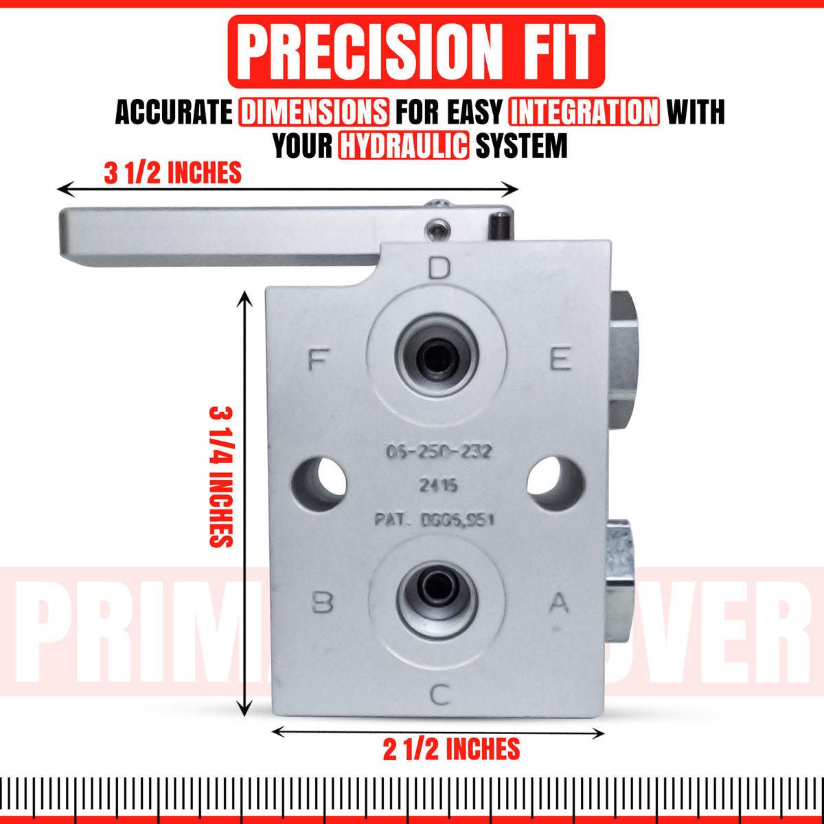 Hydraulic Manual Selector Ball Valve with handle, close-up of ports and circular devices, used to convert single-circuit hydraulic pumps to dual-circuit.