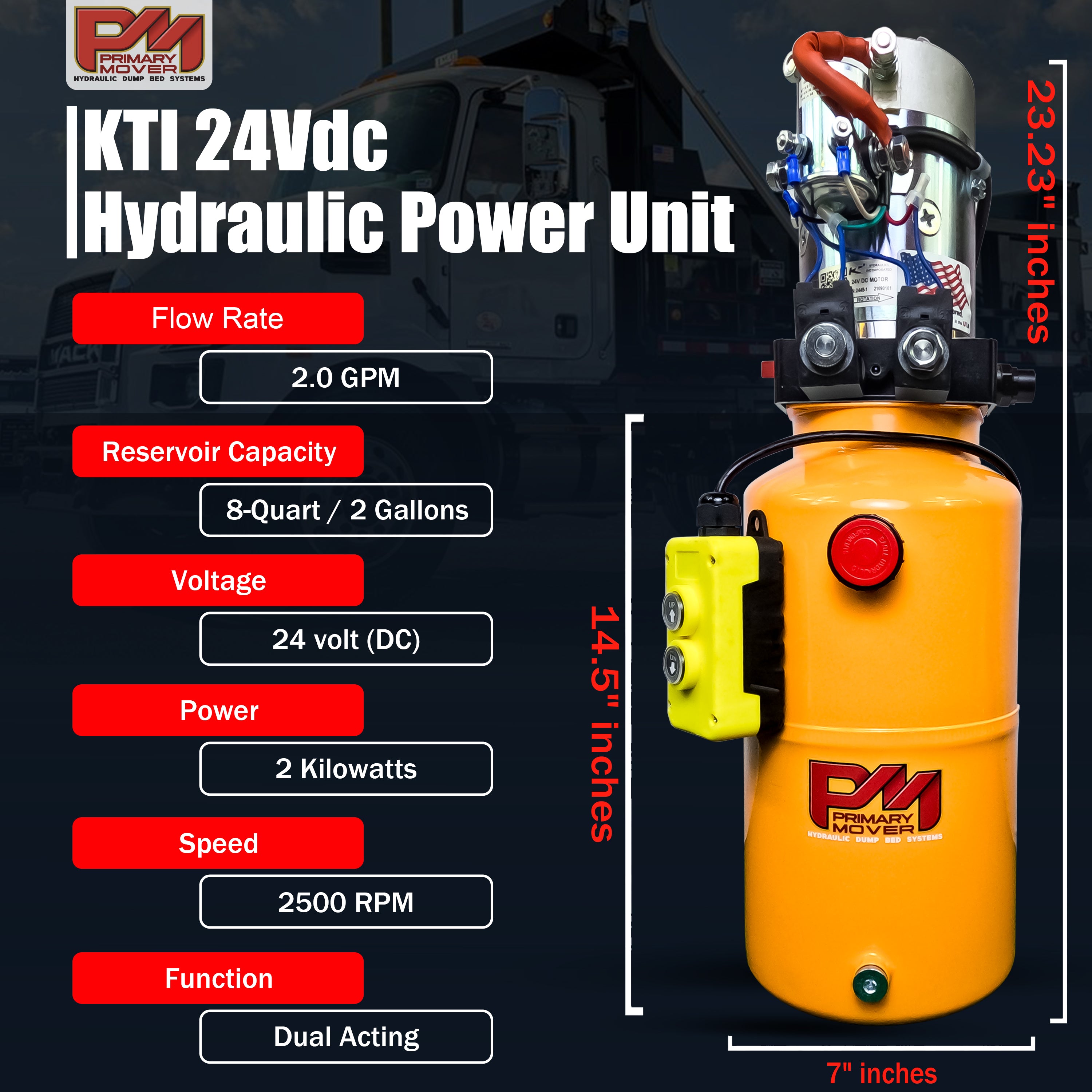 KTI 24Vdc Double Acting Hydraulic Power Unit with Steel Reservoirs, featuring control buttons and a logo, close-up view of machinery components.