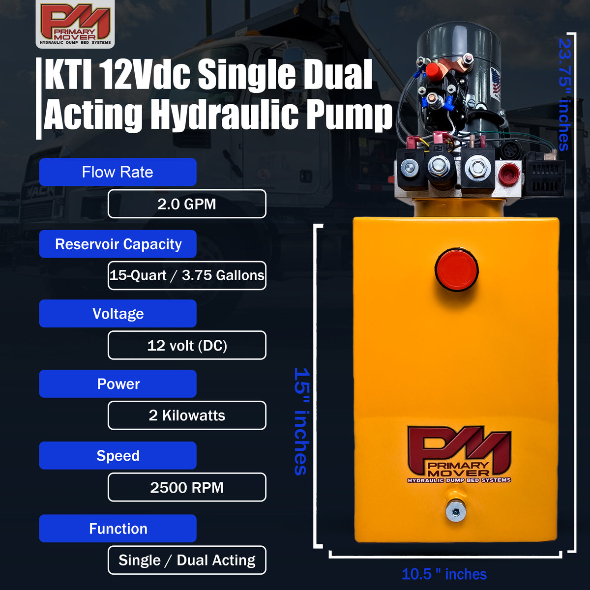 KTI 12Vdc Single/Double Hydraulic Power Unit with a yellow casing, red button, and blue text, ideal for versatile hydraulic applications and dump trailer setups.