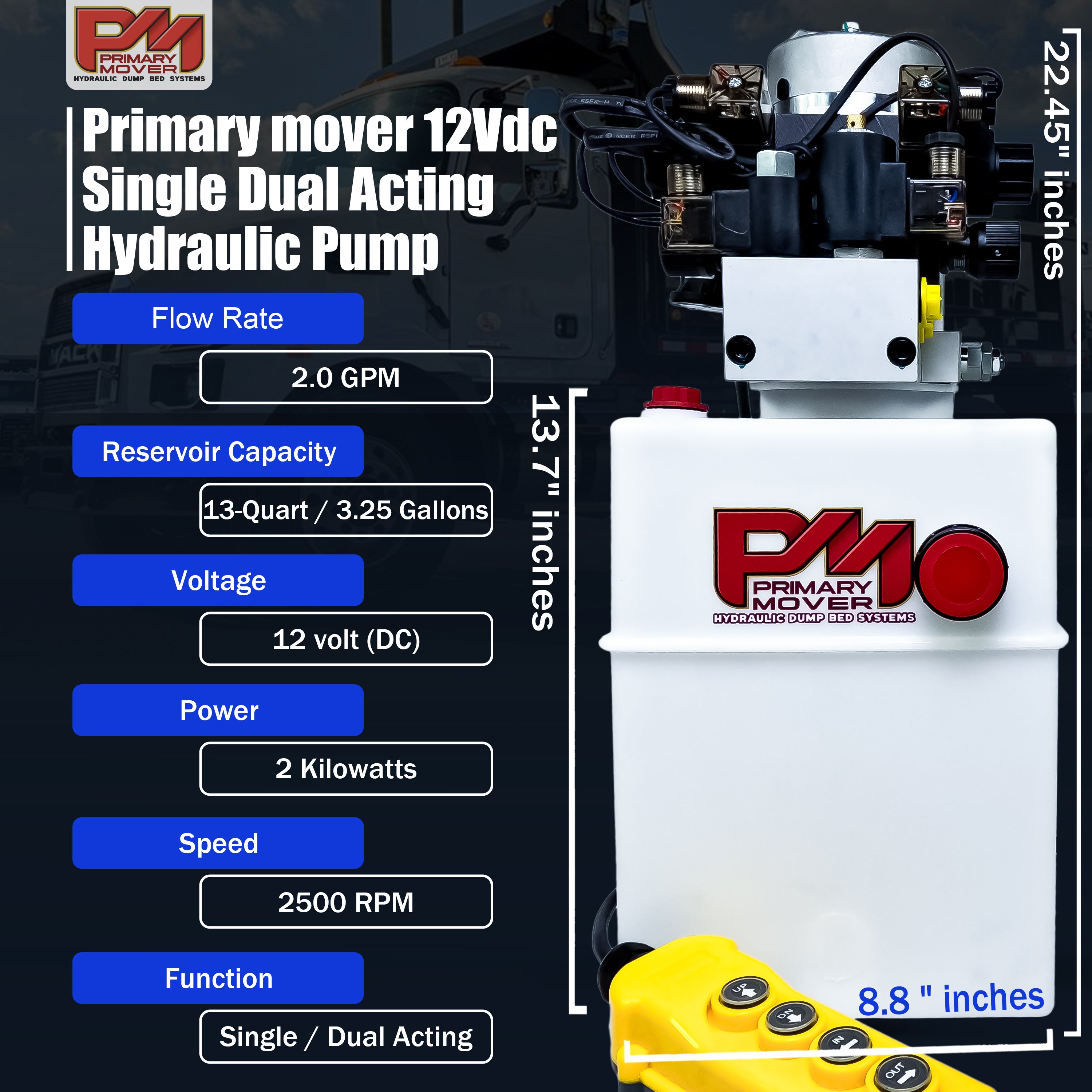 Primary Mover 12Vdc Single Double Pump with white casing, yellow buttons, and yellow remote. Designed for versatile hydraulic applications with dual-acting and single-acting functions.