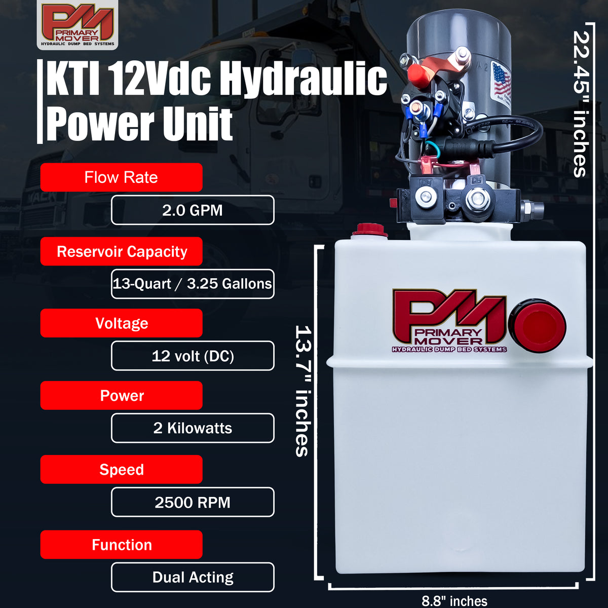 KTI 12V Double-Acting Hydraulic Pump with Poly Reservoir, featuring red text and compact design, ideal for efficient lift operations in hydraulic dump bed systems.