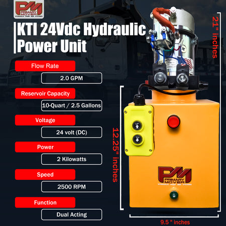 KTI 24Vdc Double Acting Hydraulic Power Unit with Steel Reservoirs, featuring a prominent red button on its control panel.