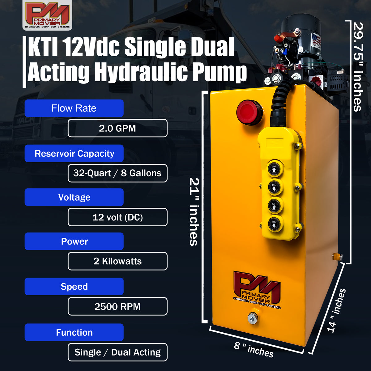 KTI 12Vdc Single/Double Hydraulic Power Unit with visible control panel and buttons, designed for versatile hydraulic applications, including single-acting dump trailers and double-acting jacks.