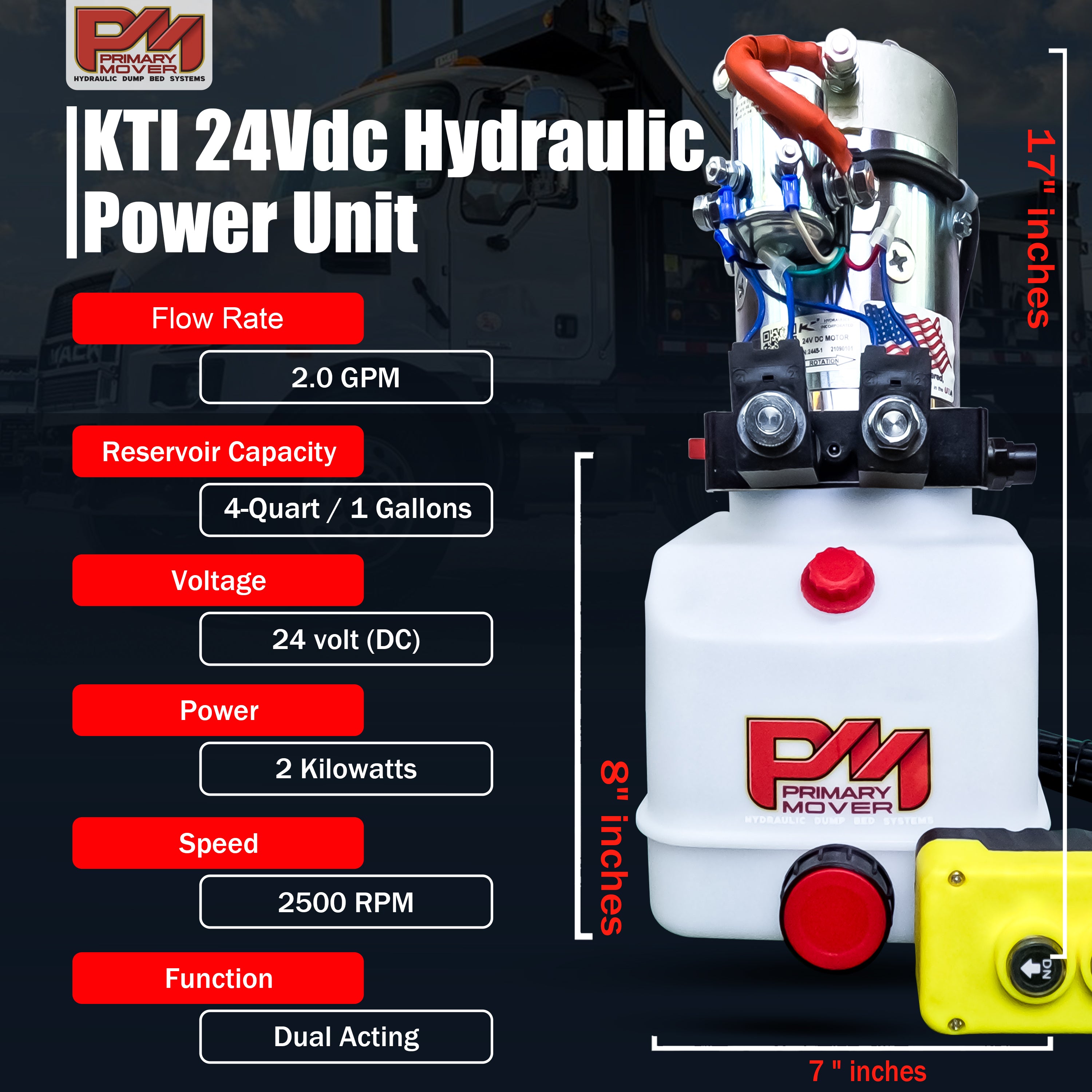 KTI 24Vdc Double Acting Hydraulic Power Unit with poly reservoirs, featuring red buttons and a compact, durable design for dump trucks and 24-volt military applications.