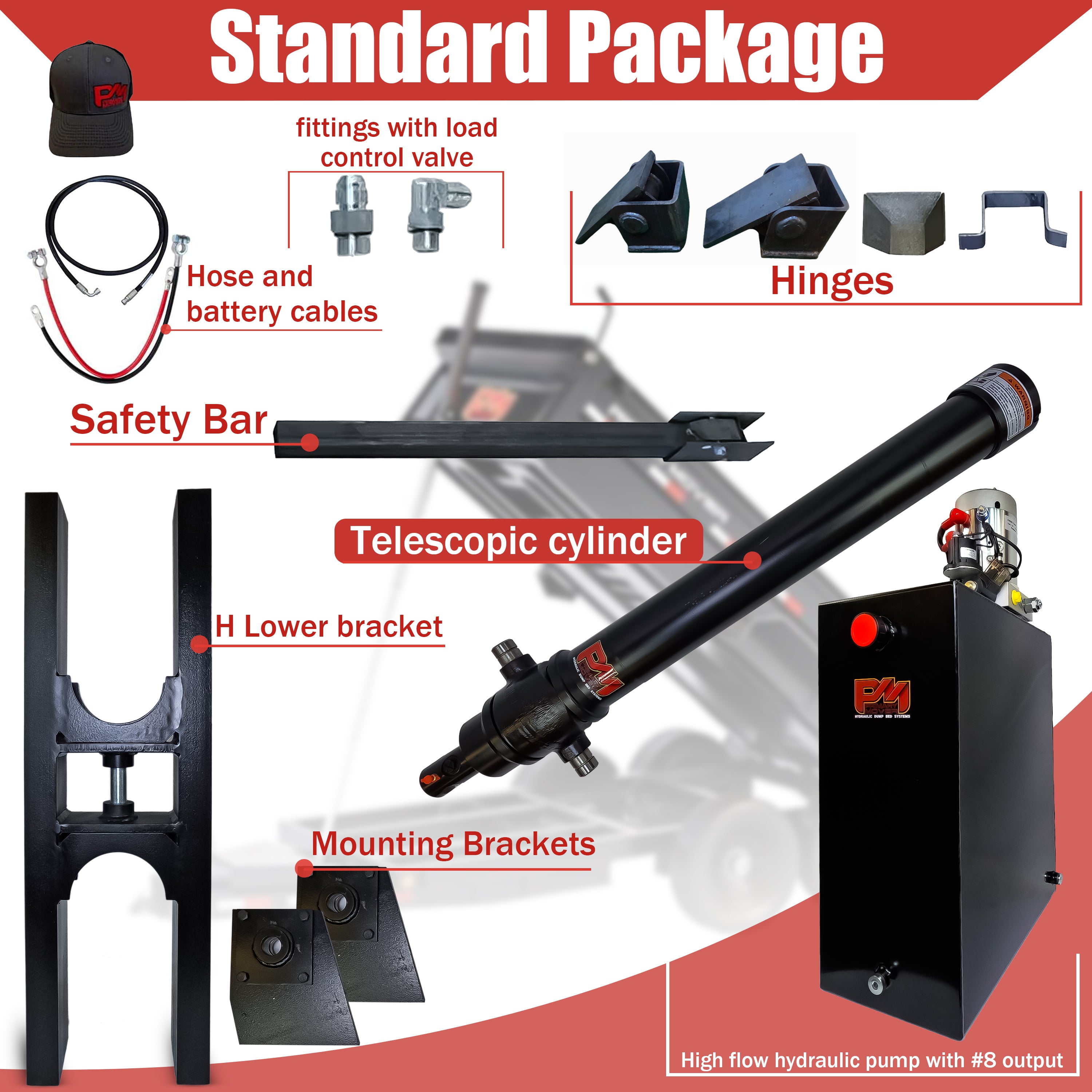 Telescopic Dump Trailer Cylinder Kit - 30 Ton Capacity, featuring a black metal cylinder with red buttons, fits 20-24' dump beds, includes hydraulic components.