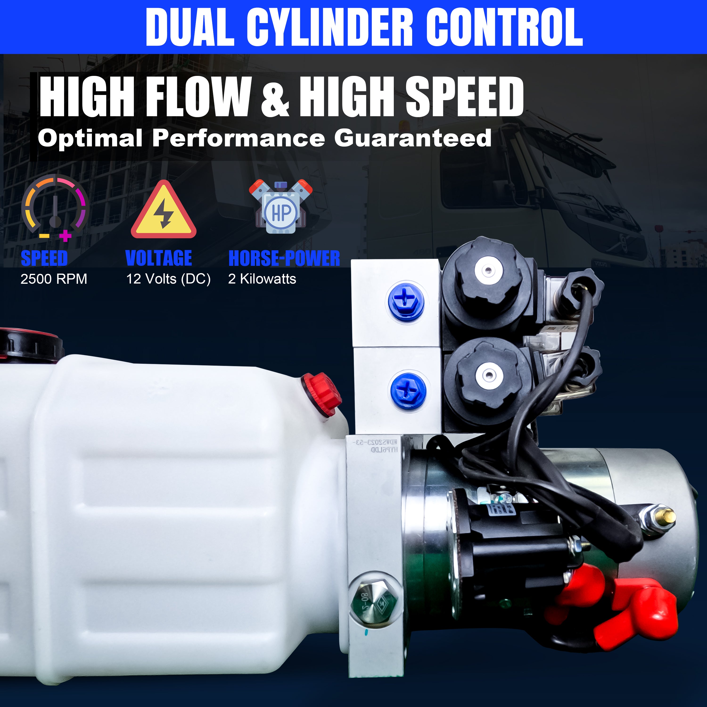 Compact and powerful Primary Mover 12V Dual Double-Acting Hydraulic Power Unit for dump trailers and trucks. Quad power capability for versatile hydraulic operations.