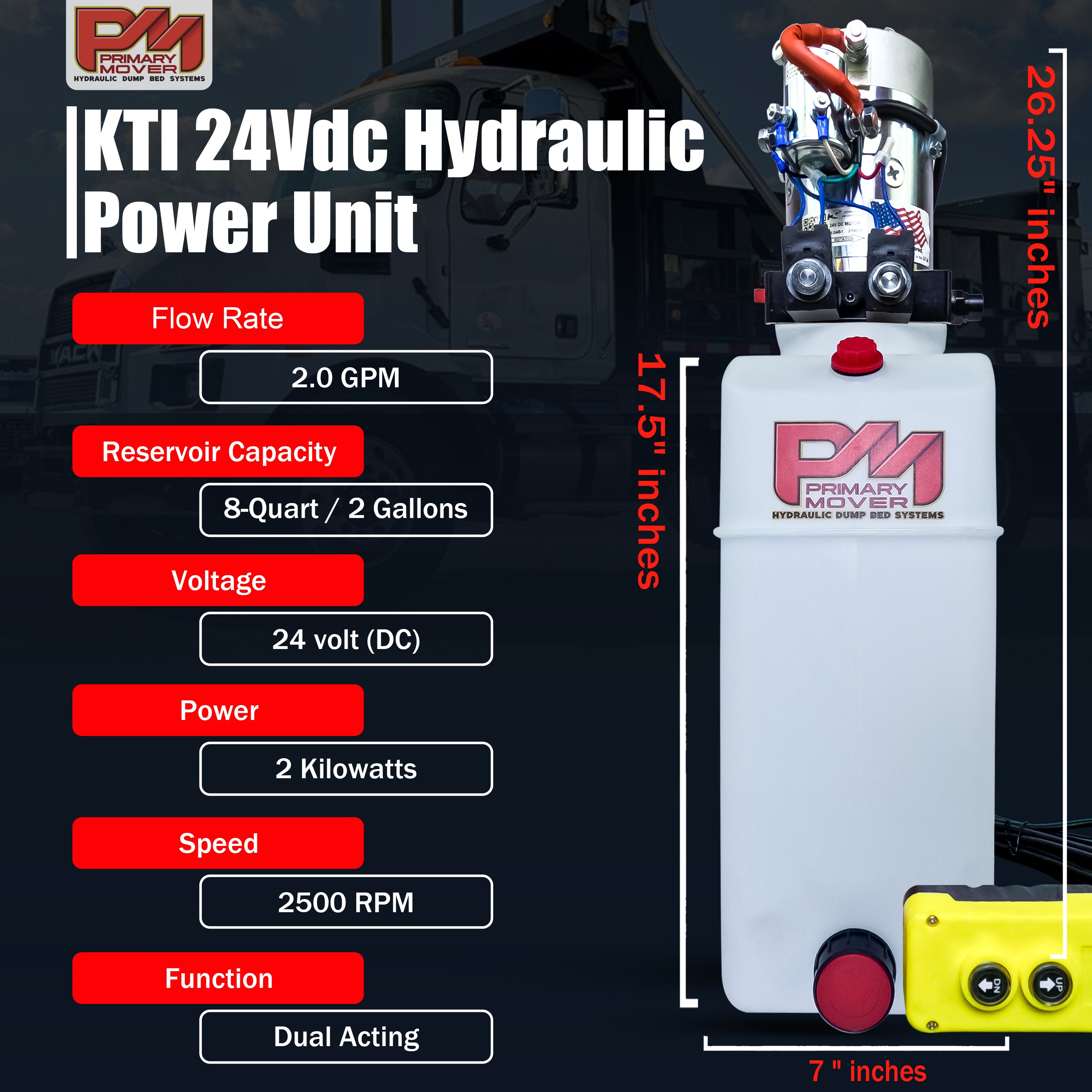 KTI 24Vdc Double Acting Hydraulic Power Unit with white plastic container and lid, featuring red text and numbers, designed for dump trucks and trailers.