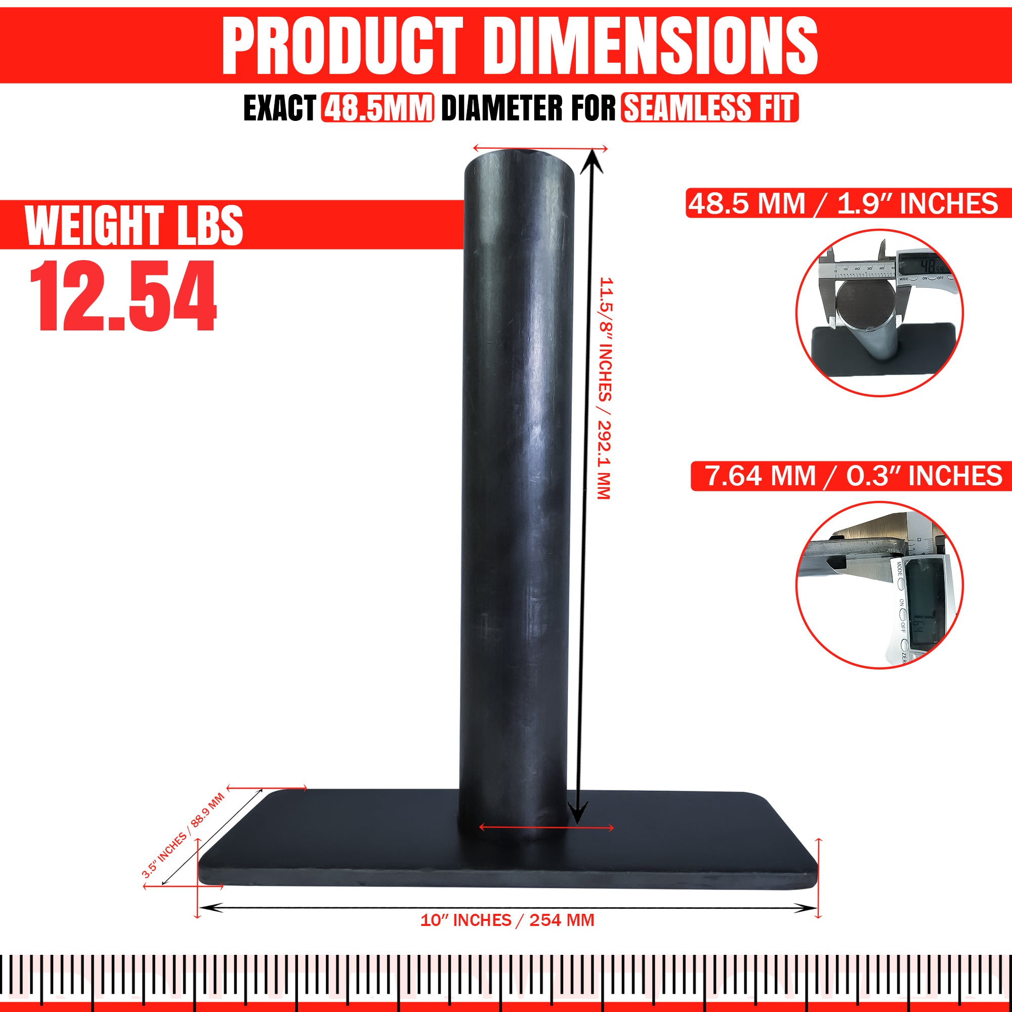 Hoist Hardware 500 Series Dump Bed Kit (Upper) with caliper measuring a black metal pole, indicating precise dimensions for optimal hydraulic performance.