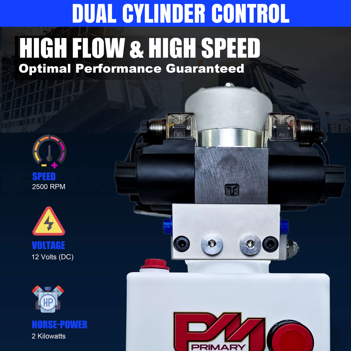 Primary Mover 12V Dual Double-Acting Hydraulic Dump Trailer Pump (Poly) with red buttons, blue text, and compact design for versatile hydraulic power.