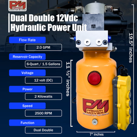Primary Mover 12V Dual Double-Acting Hydraulic Power Unit: Yellow and silver machine with red button, compact design for dump trailers and trucks, quad power capability for versatile applications. Used for any truck or trailer application. 1/2 ton truck d