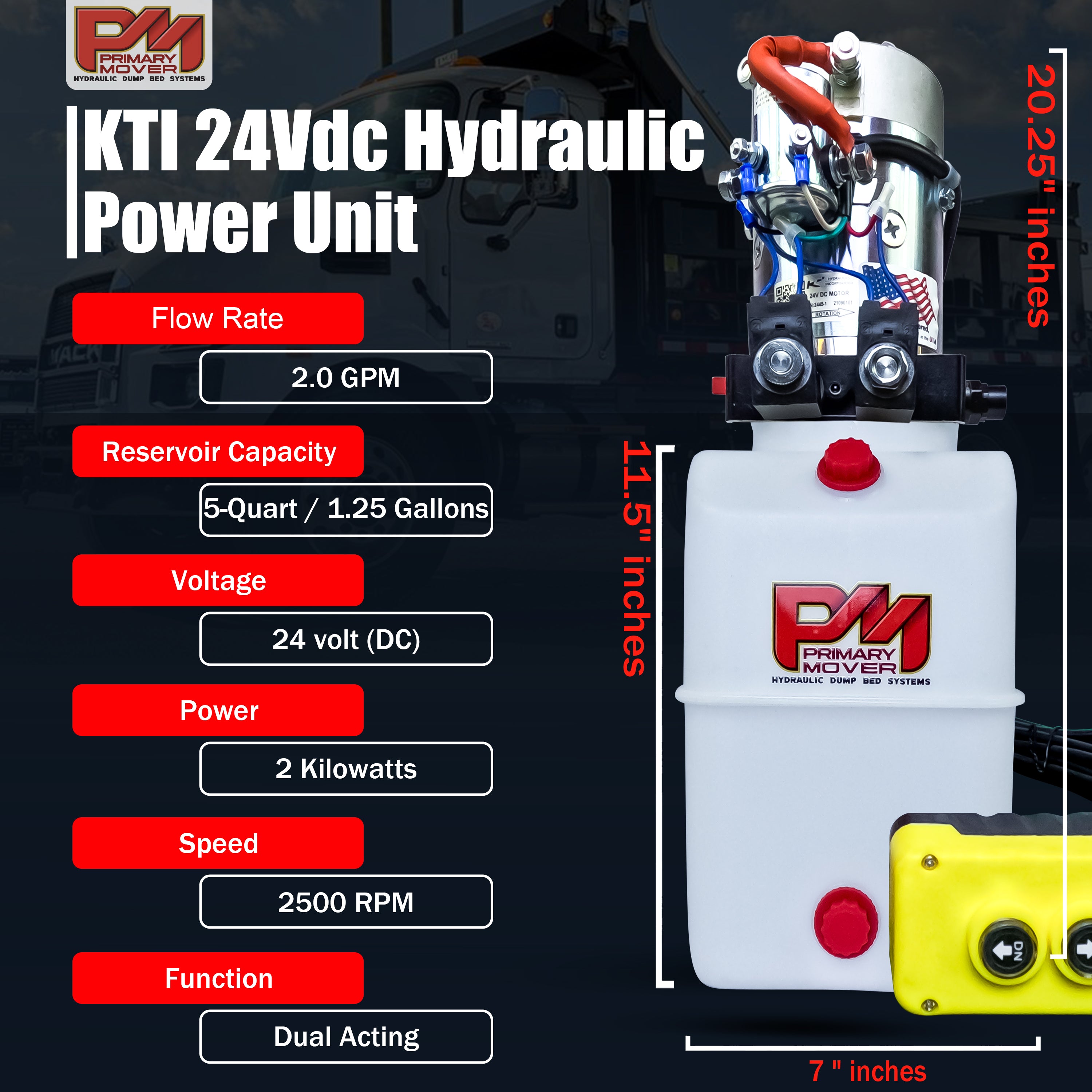 KTI 24Vdc Double Acting Hydraulic Power Unit with a white machine body, red buttons, and a yellow and black device.