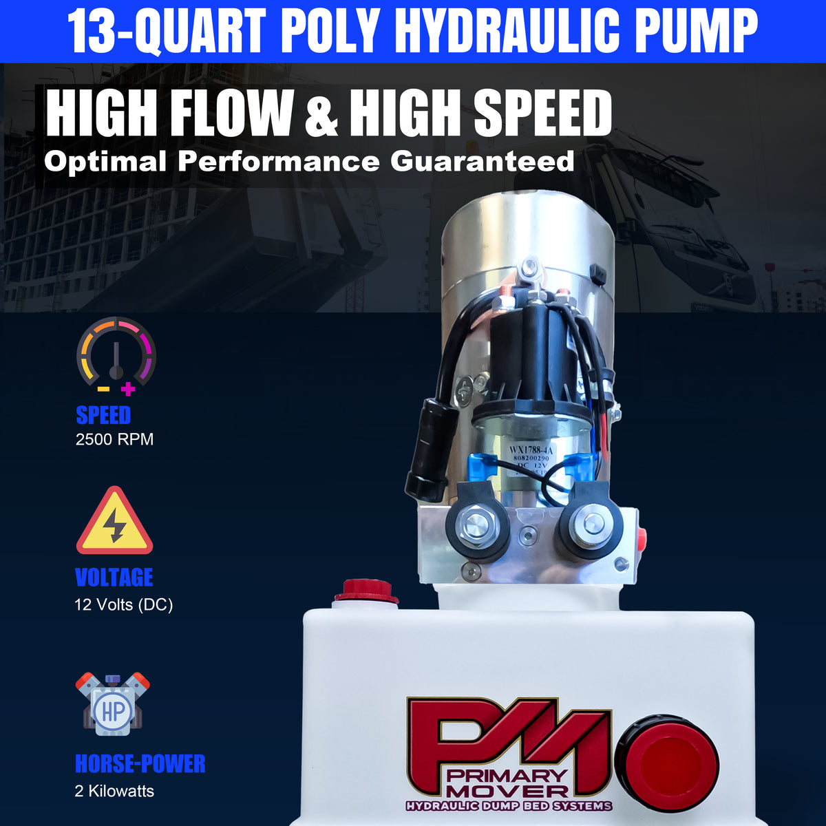 DLH 12V Double-Acting Hydraulic Pump - Poly Reservoir with red buttons, silver cylinder, black wires, and included sign showcasing vital features for hydraulic dump beds.