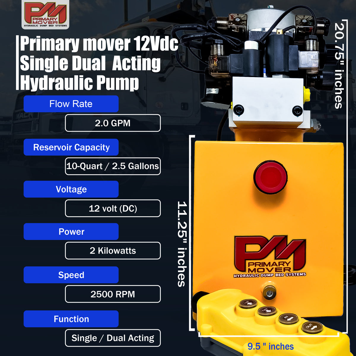 Primary Mover 12Vdc Single Double Pump with versatile single-acting and dual-acting functions, featuring a red button and robust construction for efficient hydraulic performance.