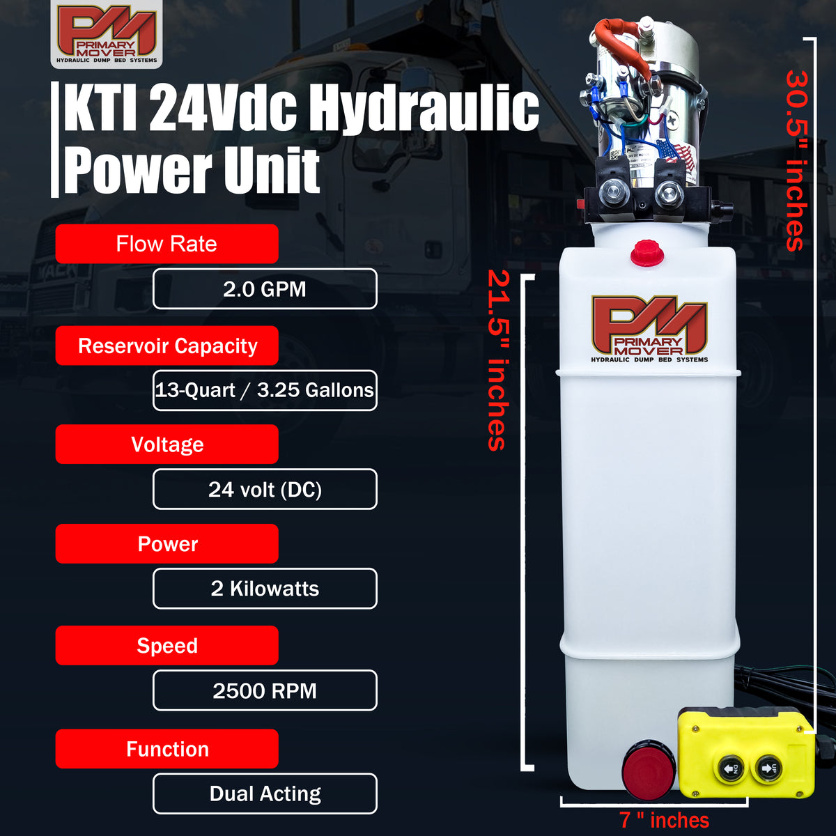 KTI 24Vdc Double Acting Hydraulic Power Unit with poly reservoirs, compact design, red text, and numbers visible, suitable for dump trucks and trailers.