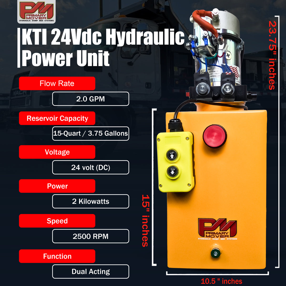 KTI 24Vdc Double Acting Hydraulic Power Unit with steel reservoirs, featuring a yellow control box with buttons and a detailed machine diagram.