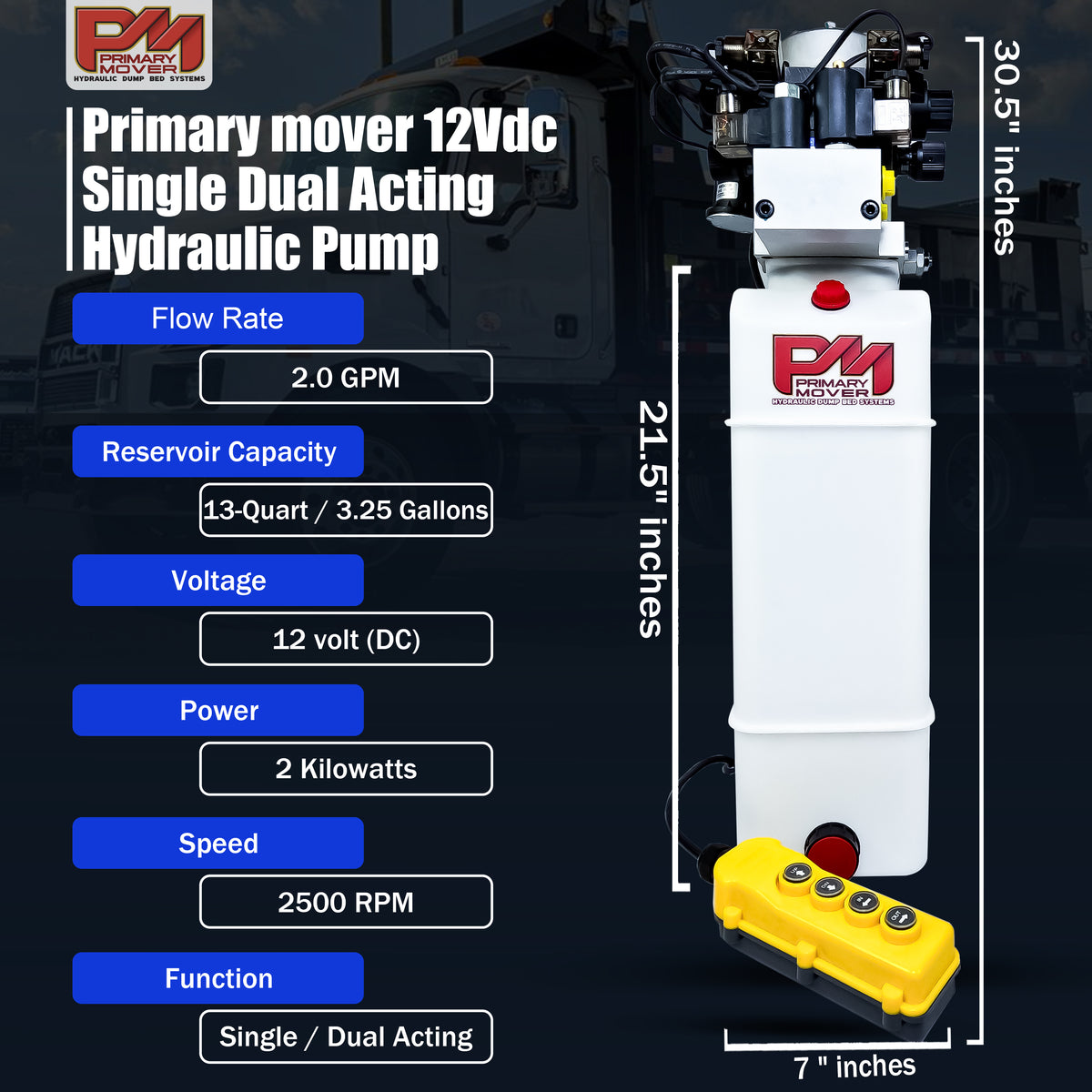 Primary Mover 12Vdc Single Double Pump, a white machine with blue text, featuring versatile hydraulic functions for enhanced power and flexibility in various applications.