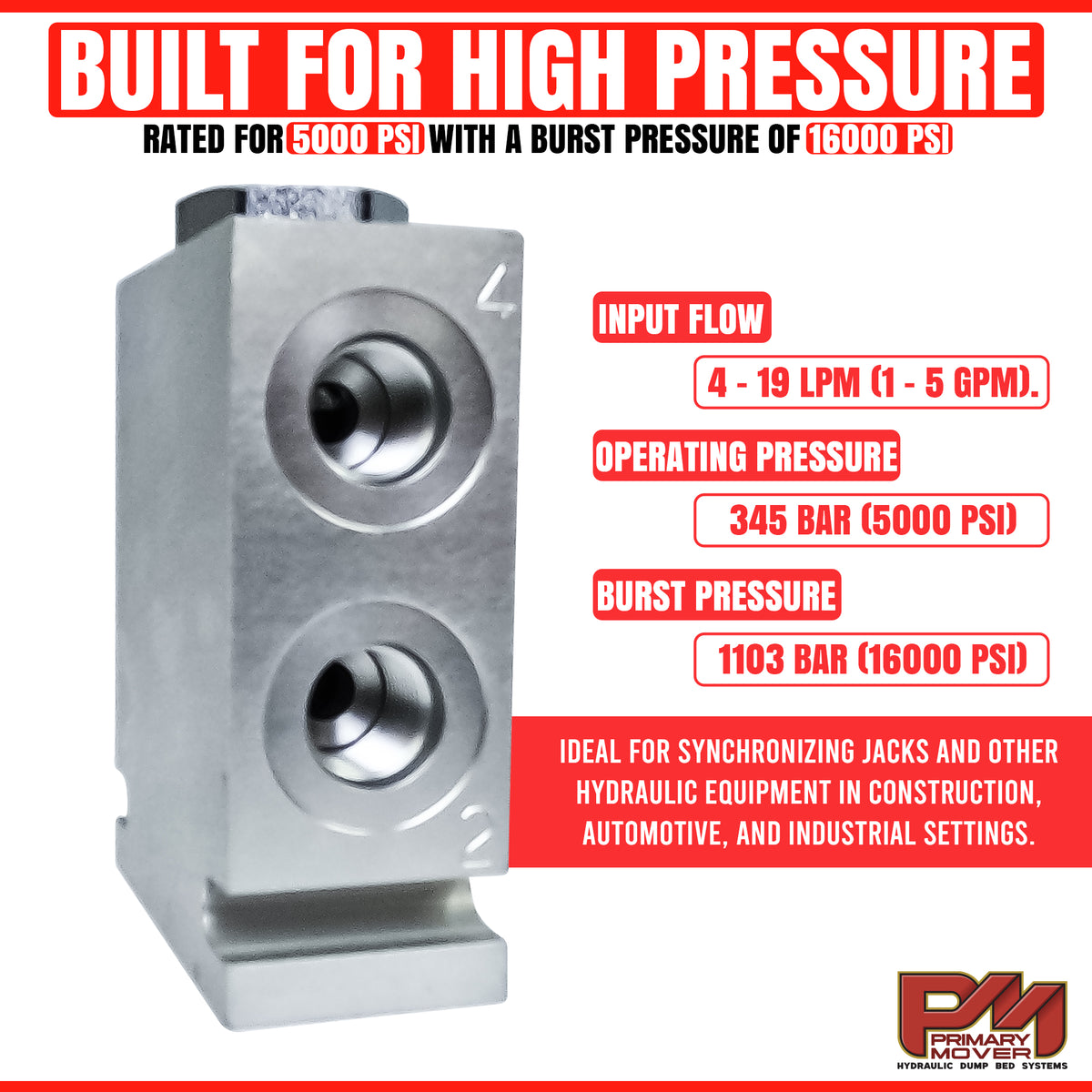 Hydraulic Pump Flow Divider: A metal object with holes, designed for synchronizing dual-acting hydraulic cylinders in high-pressure systems. Suitable for dump trailers and hydraulic power units.